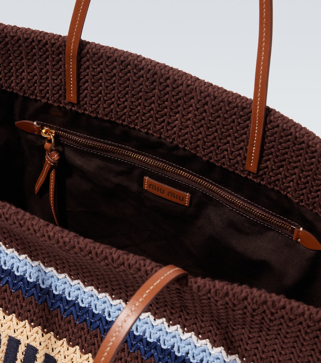 Logo striped raffia-effect shopper | Miu Miu