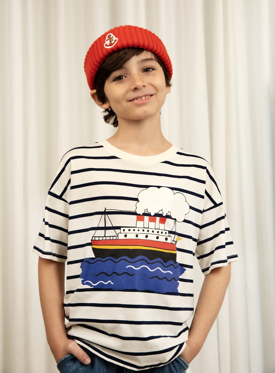 Camiseta de algodón a rayas estampada | Mini Rodini