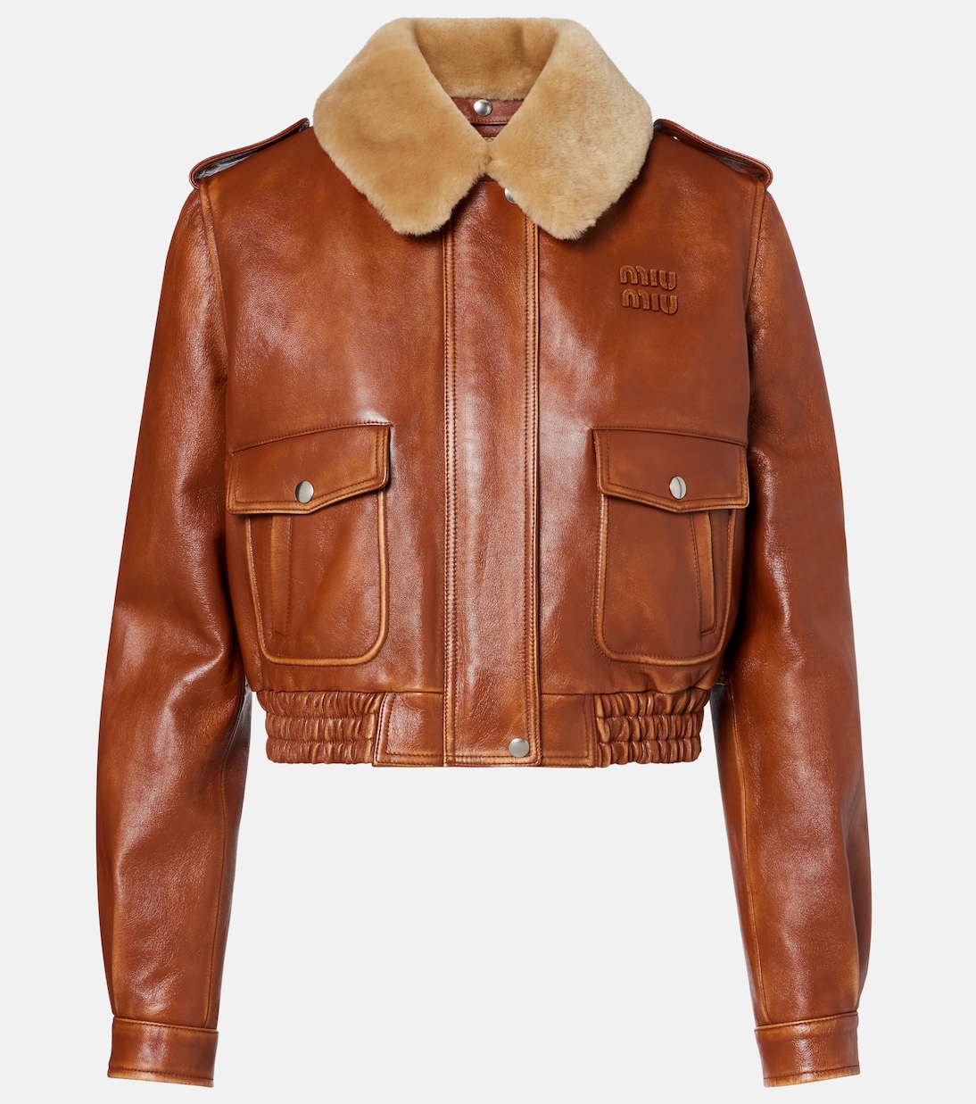 Shearling-trimmed leather jacket | Miu Miu