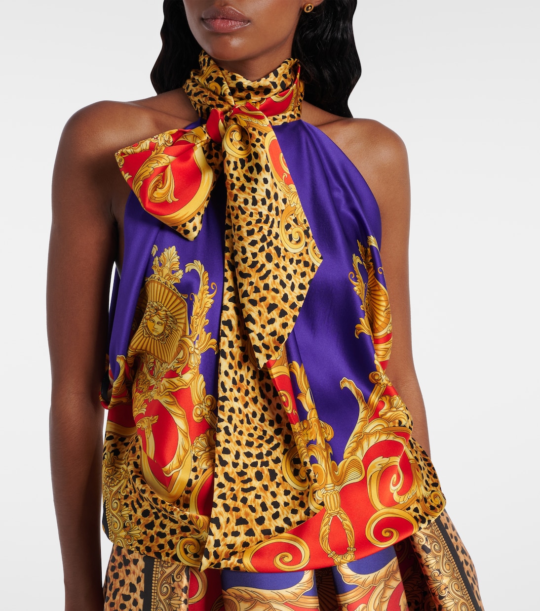 Bow-detail printed silk satin top | Versace