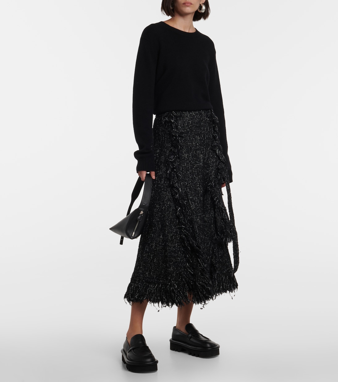Falda midi flared de tweed con flecos | Sacai