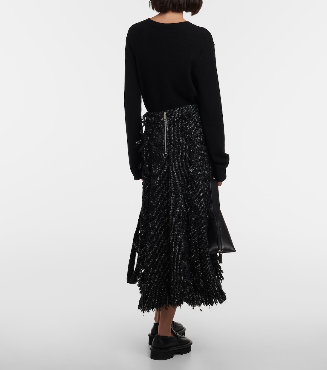 Falda midi flared de tweed con flecos | Sacai