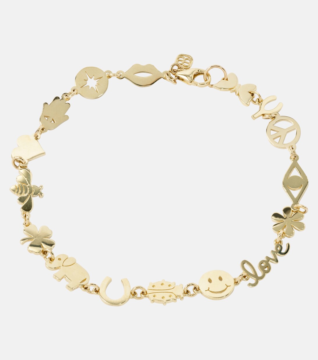 Bracciale in oro 14kt con icone multiple, stile giovane e moderno, ideale per un look trendy.