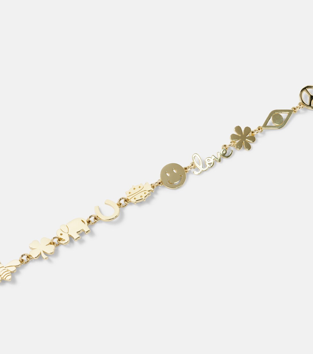 Bracciale in oro 14kt con icone multiple, stile giovane e moderno, ideale per un look trendy.