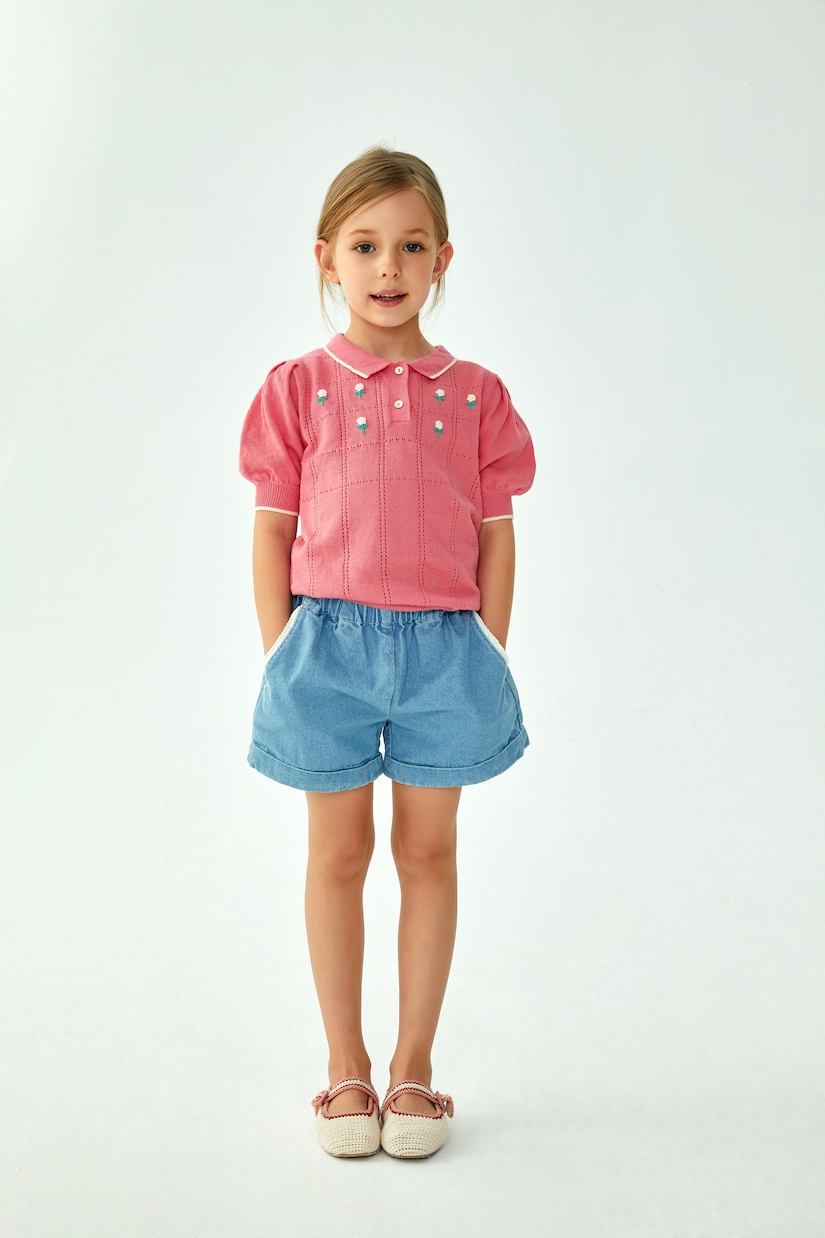 Floral-appliqué embroidered polo sweater | C'era Una Volta