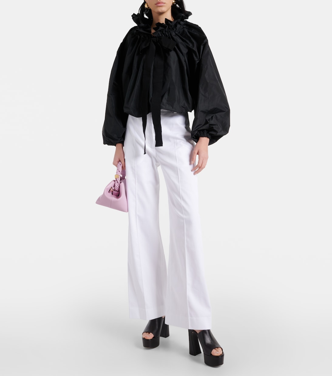 Ruffled off-shoulder faille crop top  | Patou
