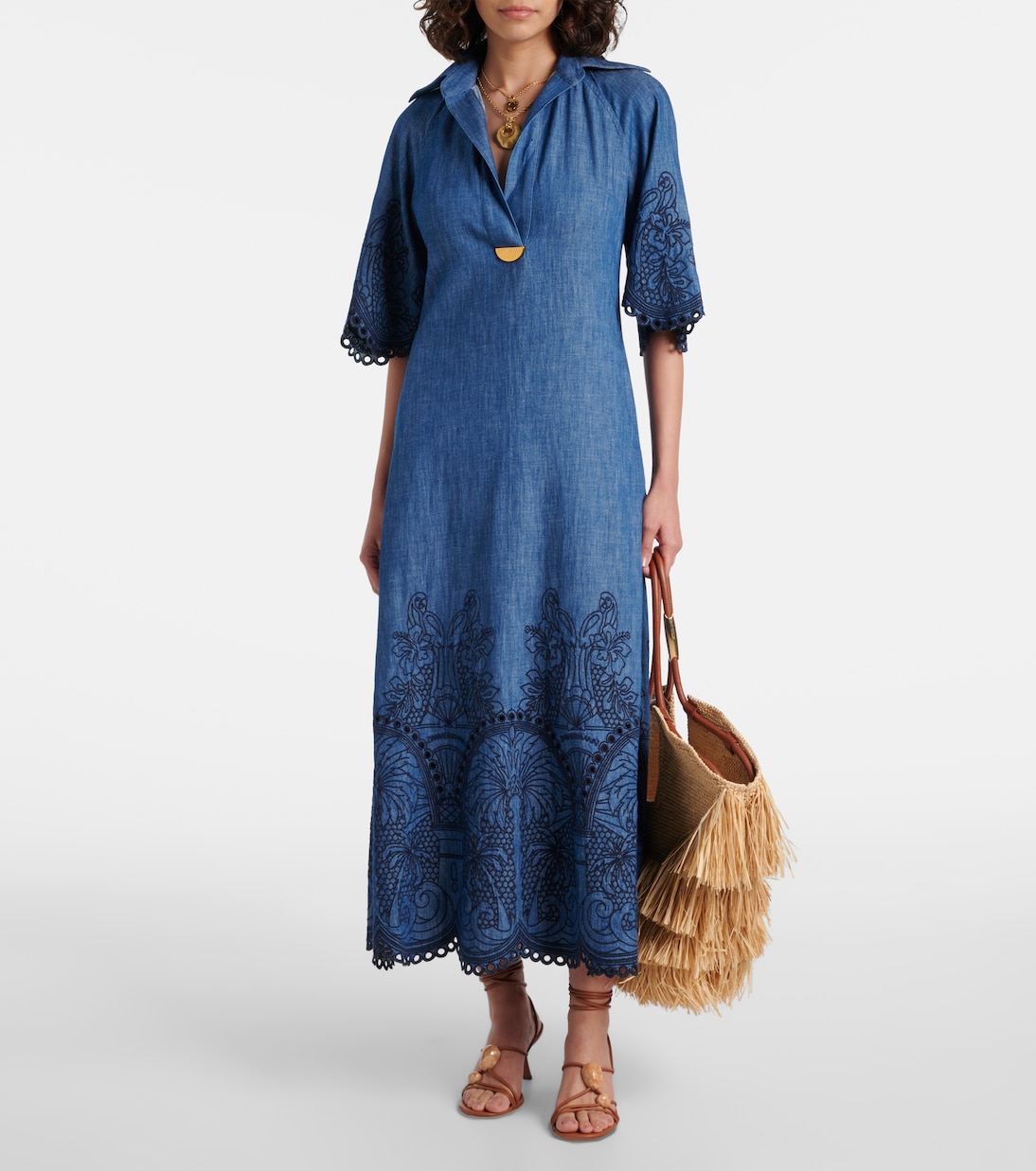 Robe longue en jean Coco brodée  | Zimmermann