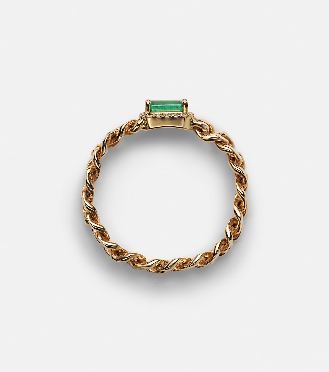 Anello Baby Link in oro 18kt con diamanti e smeraldo, design giovane e chic.