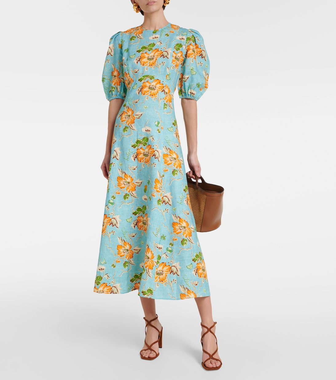 Vestido midi de lino floral con mangas abullonadas | Alémais