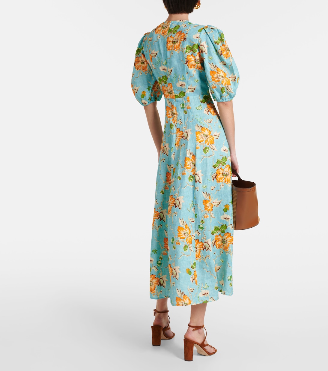 Vestido midi de lino floral con mangas abullonadas | Alémais