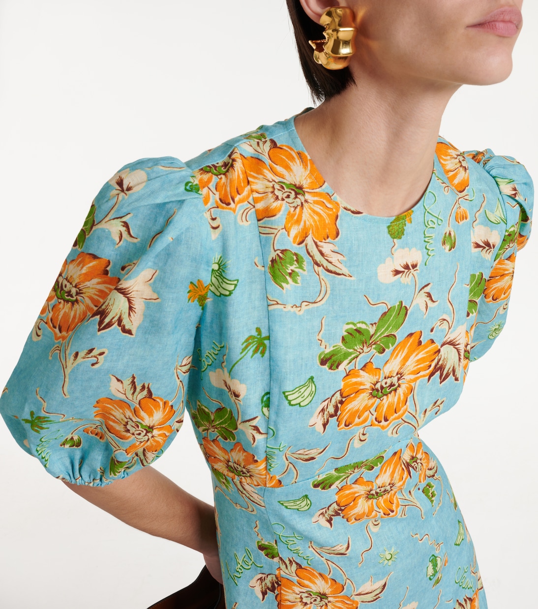 Vestido midi de lino floral con mangas abullonadas | Alémais