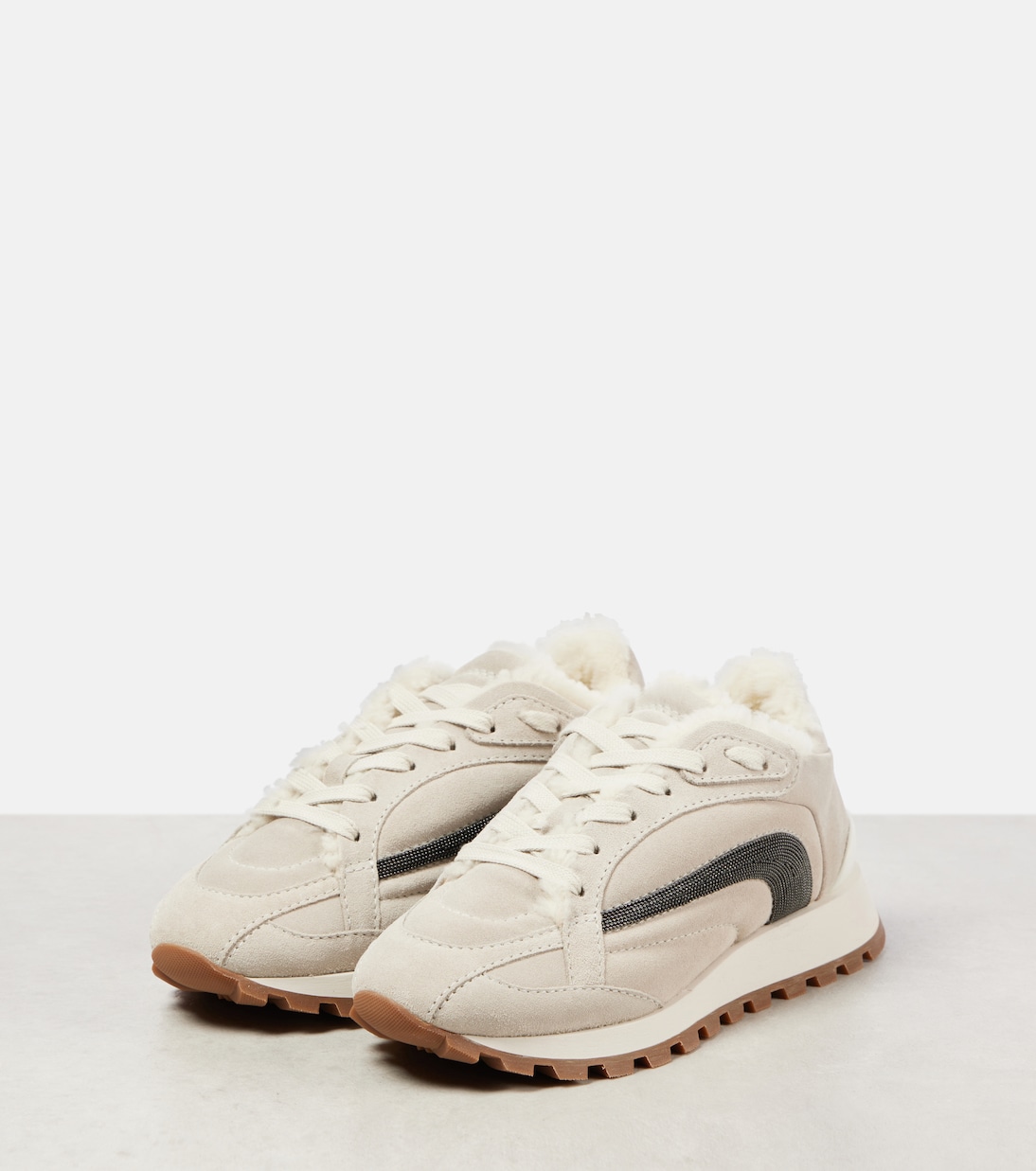 Sneakers in suede con shearling e monili | Brunello Cucinelli