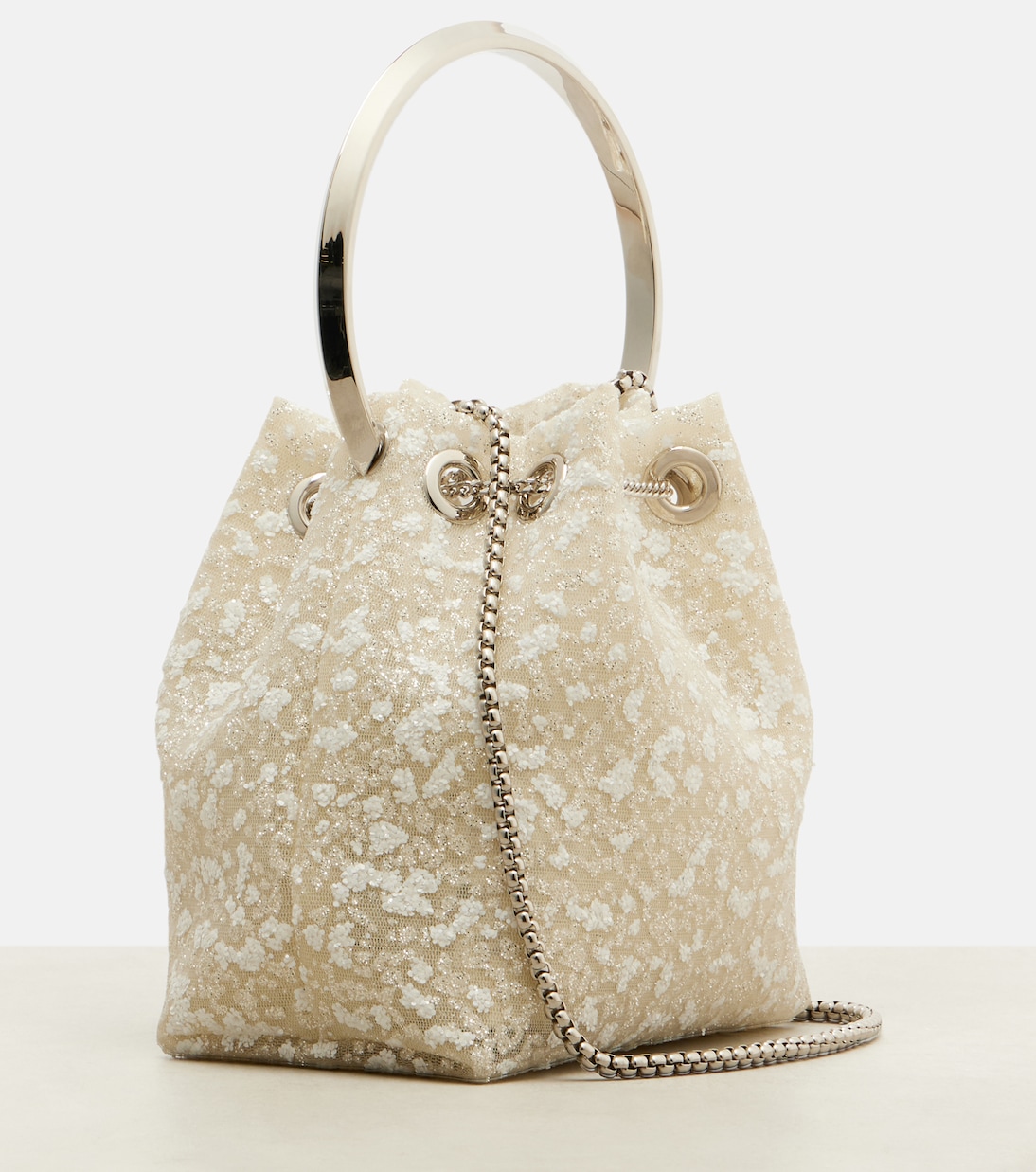 Bon Bon Small embellished lace bucket bag | Jimmy Choo