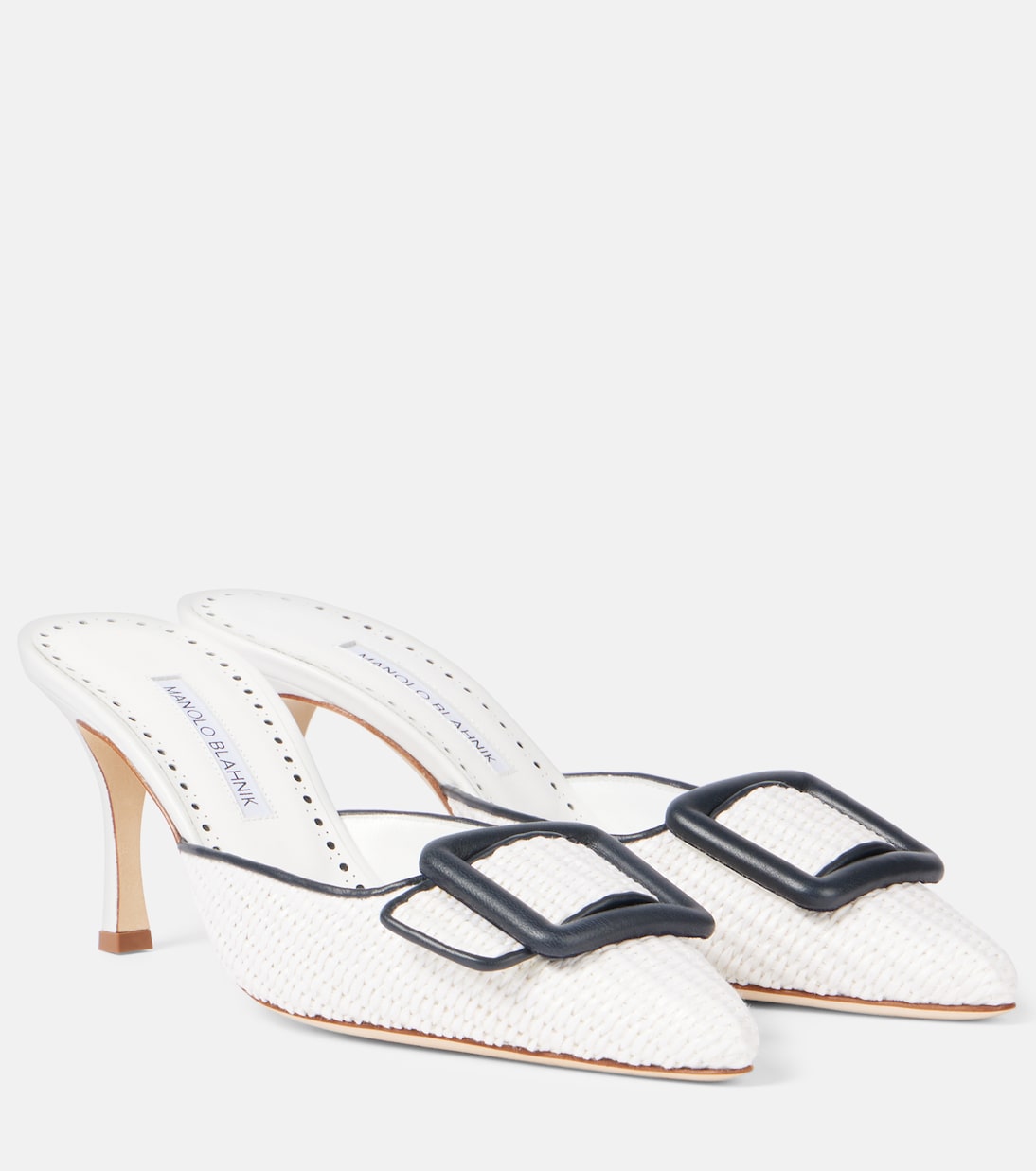 Maysale 70 leather-trimmed raffia mules | Manolo Blahnik