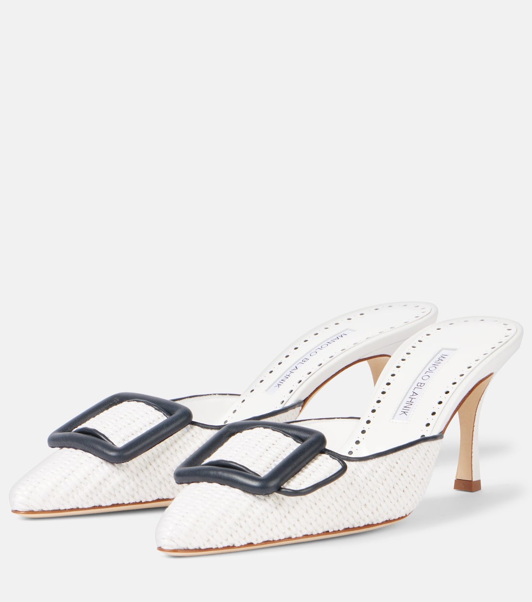 Maysale 70 leather-trimmed raffia mules | Manolo Blahnik