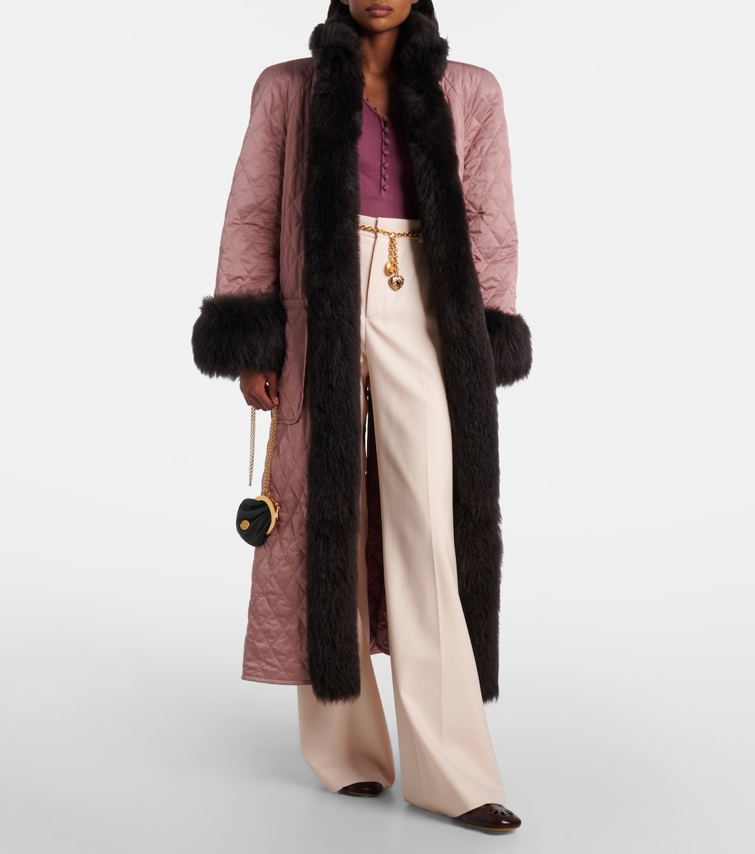 Quilted shearling-trimmed satin coat | Chloé
