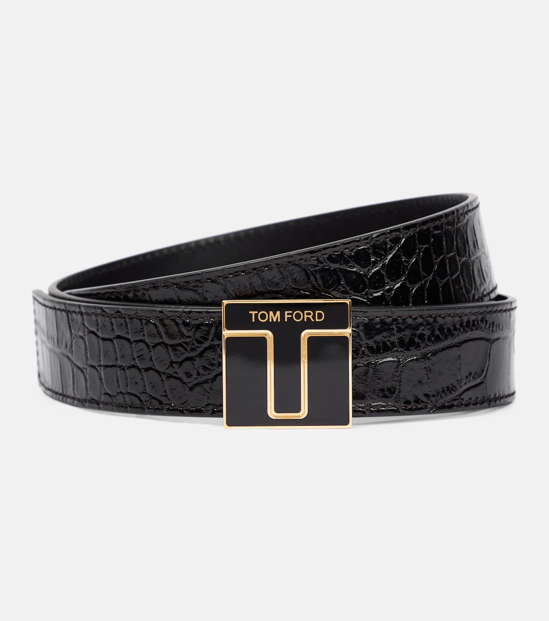 Logo croc-effect patent leather belt | Tom Ford