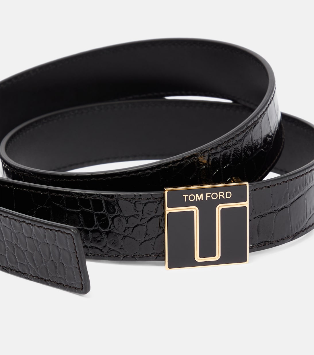 Logo croc-effect patent leather belt | Tom Ford