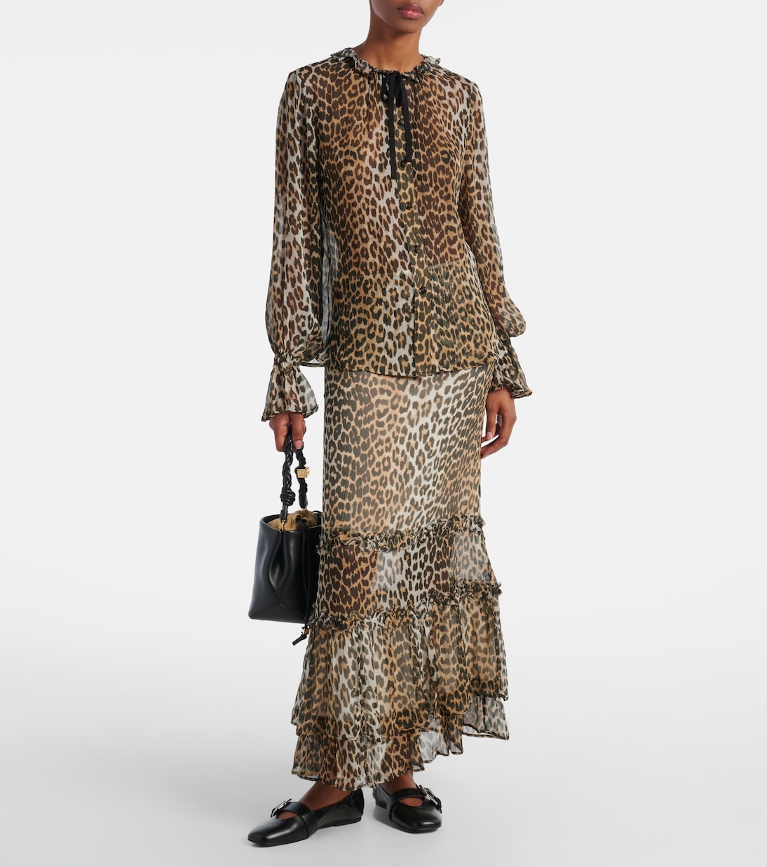 Leopard-print ruffled chiffon maxi skirt | Ganni