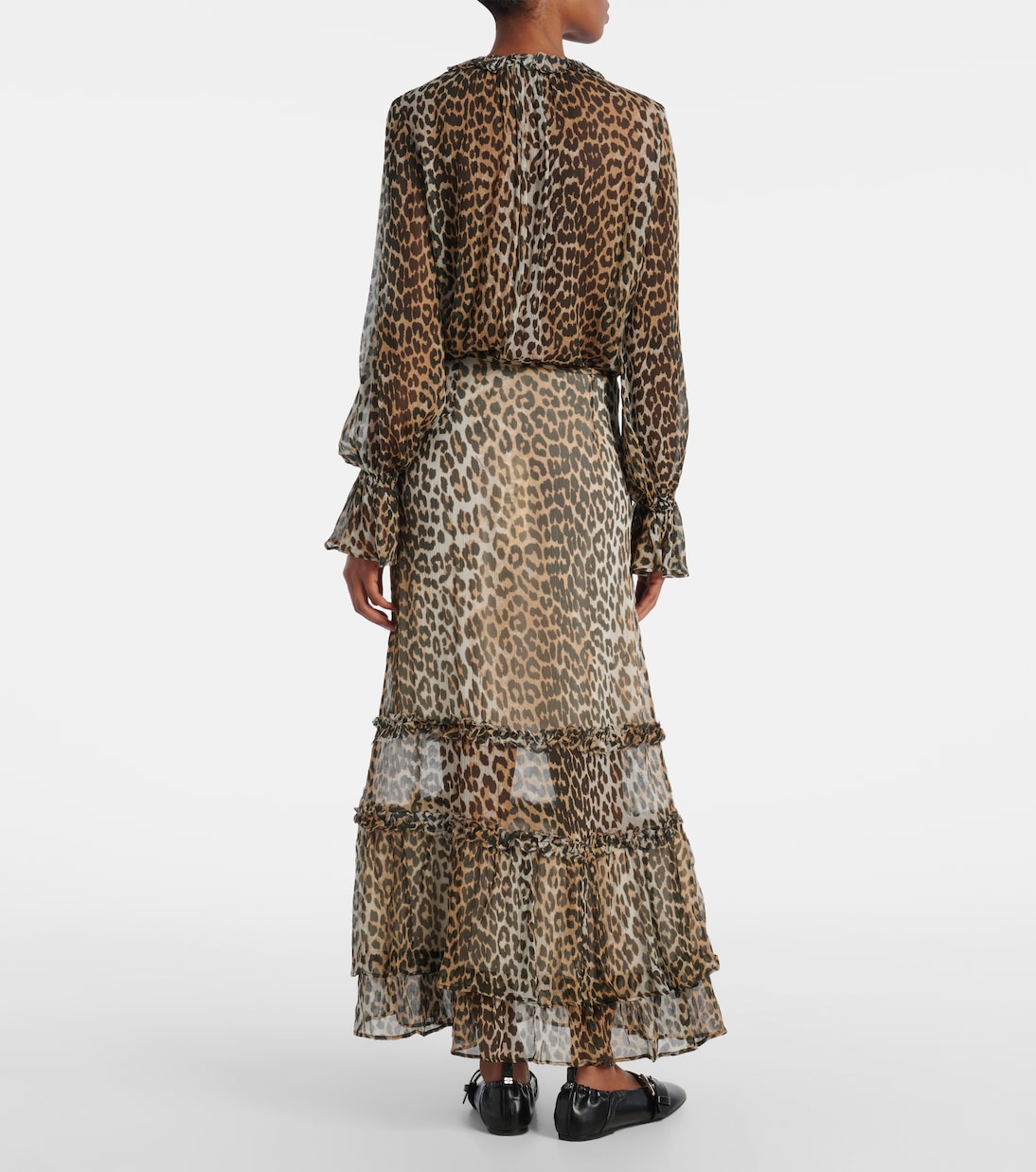 Leopard-print ruffled chiffon maxi skirt | Ganni