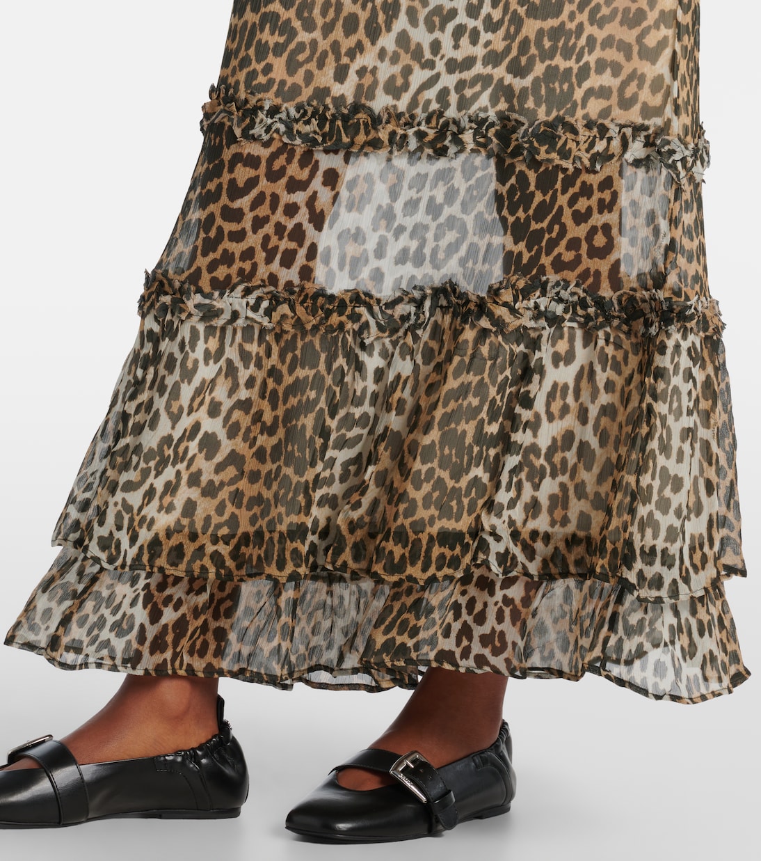 Leopard-print ruffled chiffon maxi skirt | Ganni