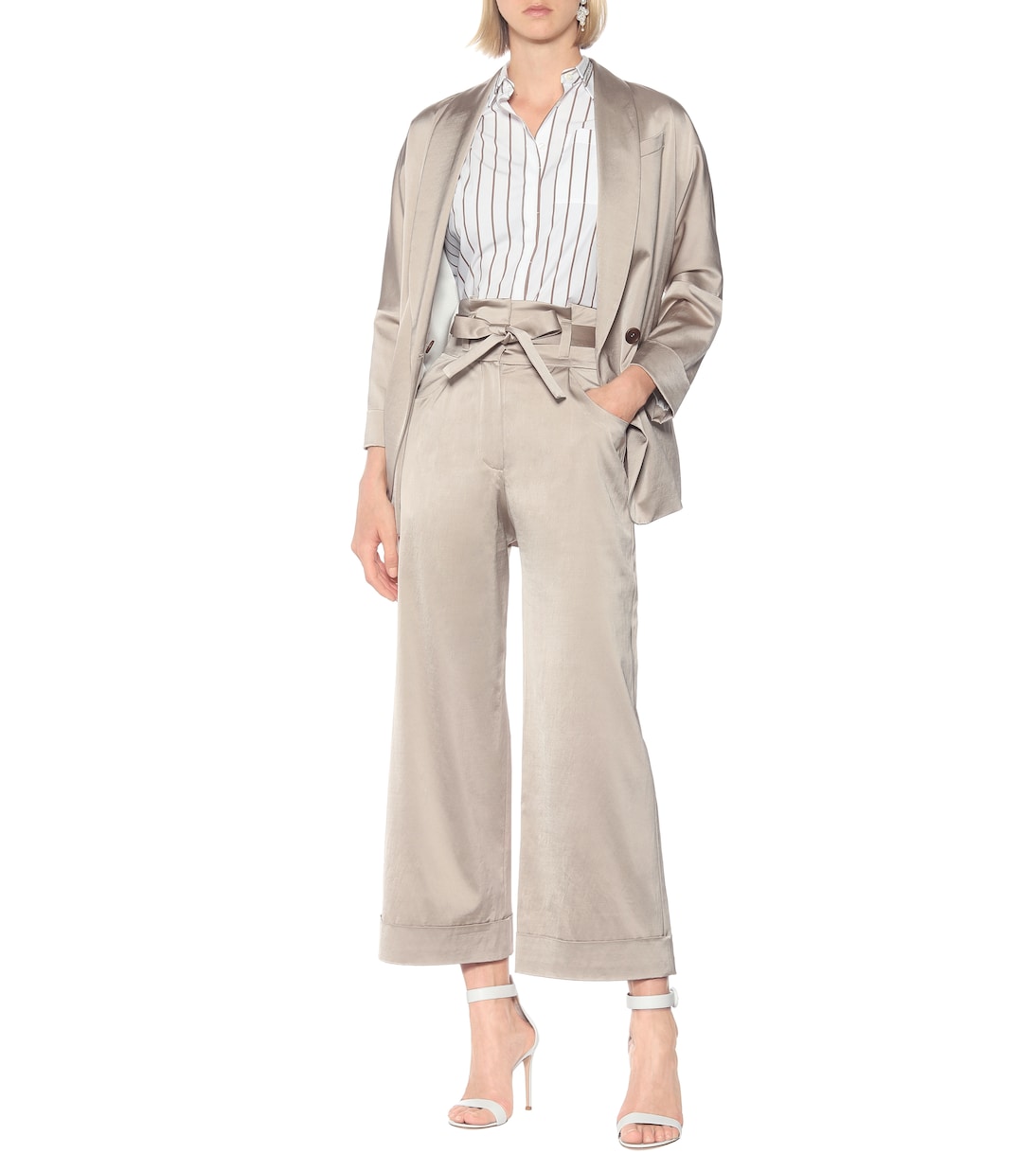 Pantalon paper bag ample en satin de coton mélangé | Brunello Cucinelli