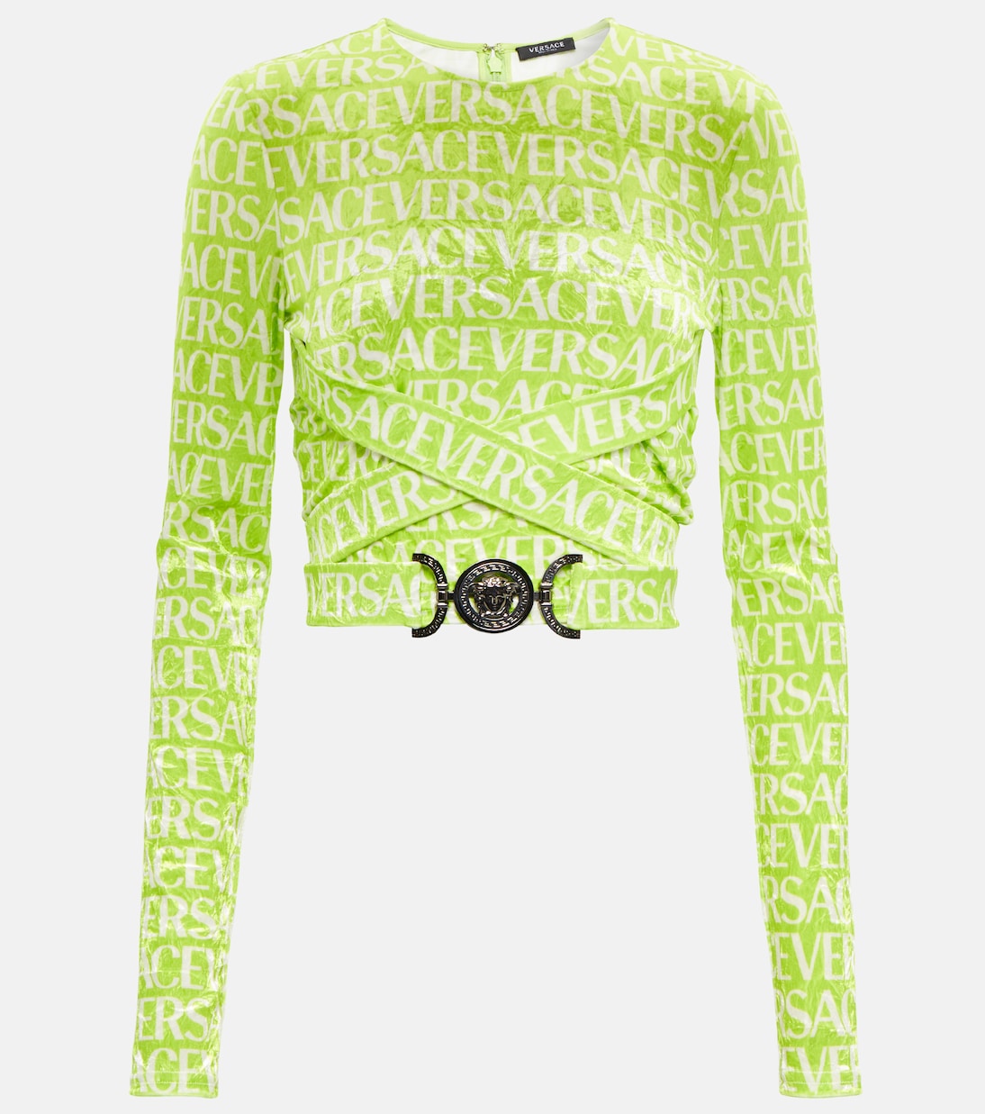 Medusa Biggie logo velvet crop top in green Versace Mytheresa