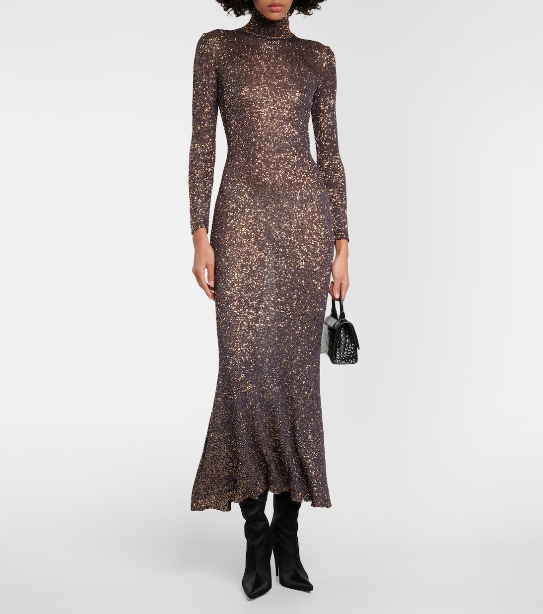 Sequined knitted maxi dress in brown Balenciaga Mytheresa