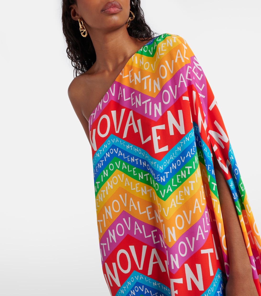 Abito midi monospalla in seta con logo  | Valentino