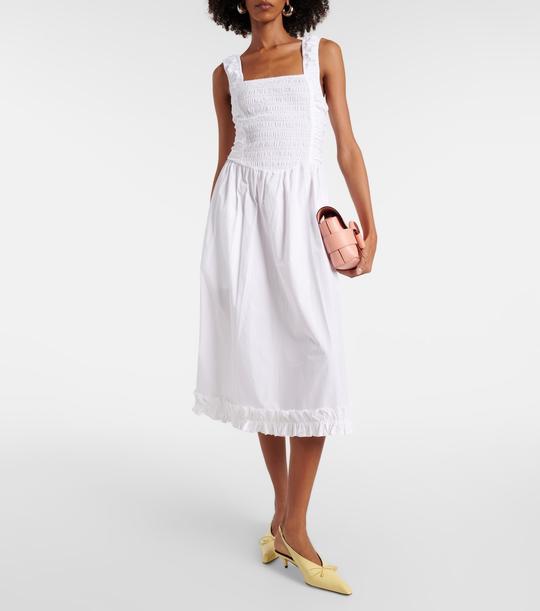 Shirred cotton poplin midi dress | Ganni