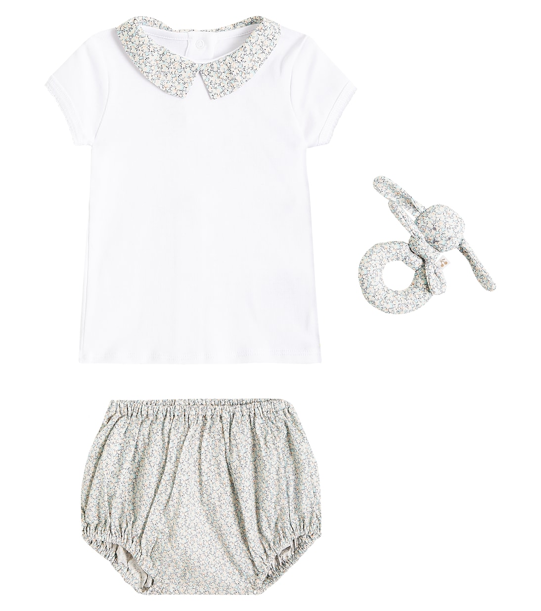 Baby cotton top, bloomers, and rattle set | Bonpoint