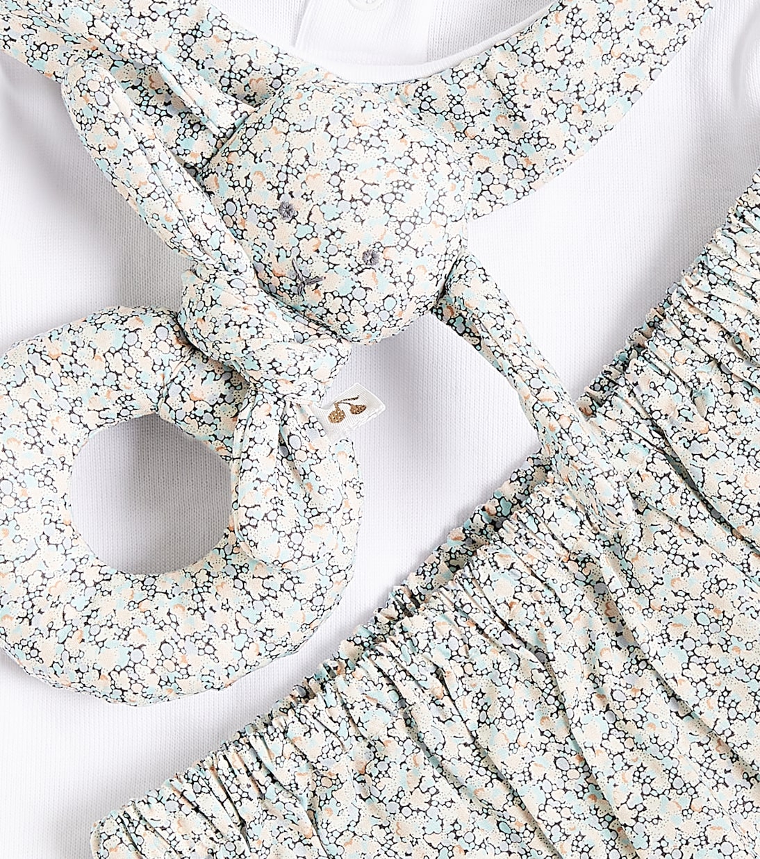 Baby cotton top, bloomers, and rattle set | Bonpoint