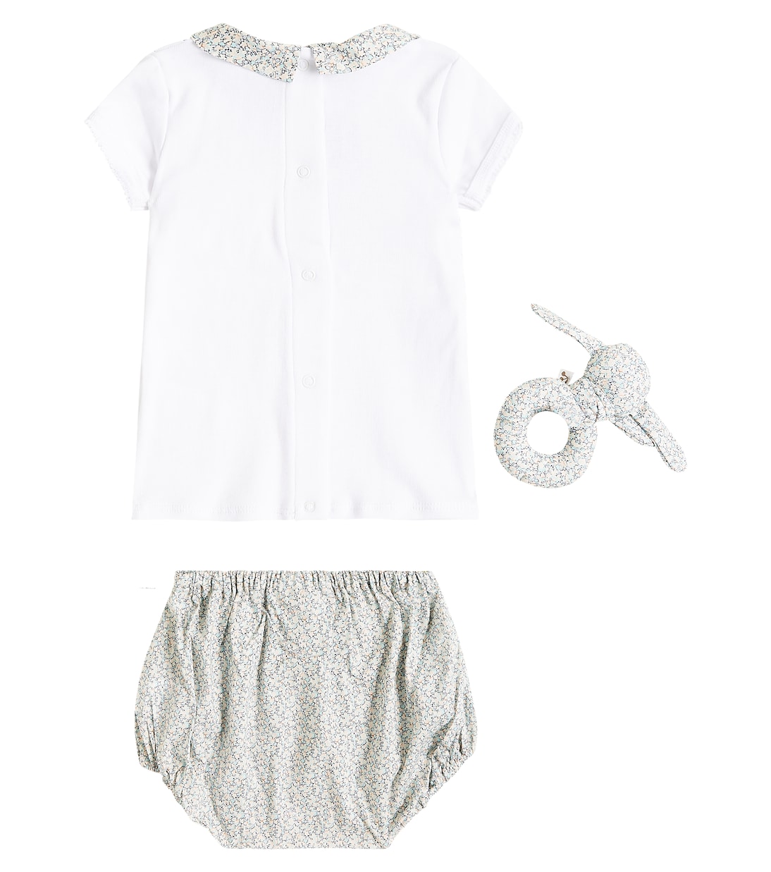 Baby cotton top, bloomers, and rattle set | Bonpoint