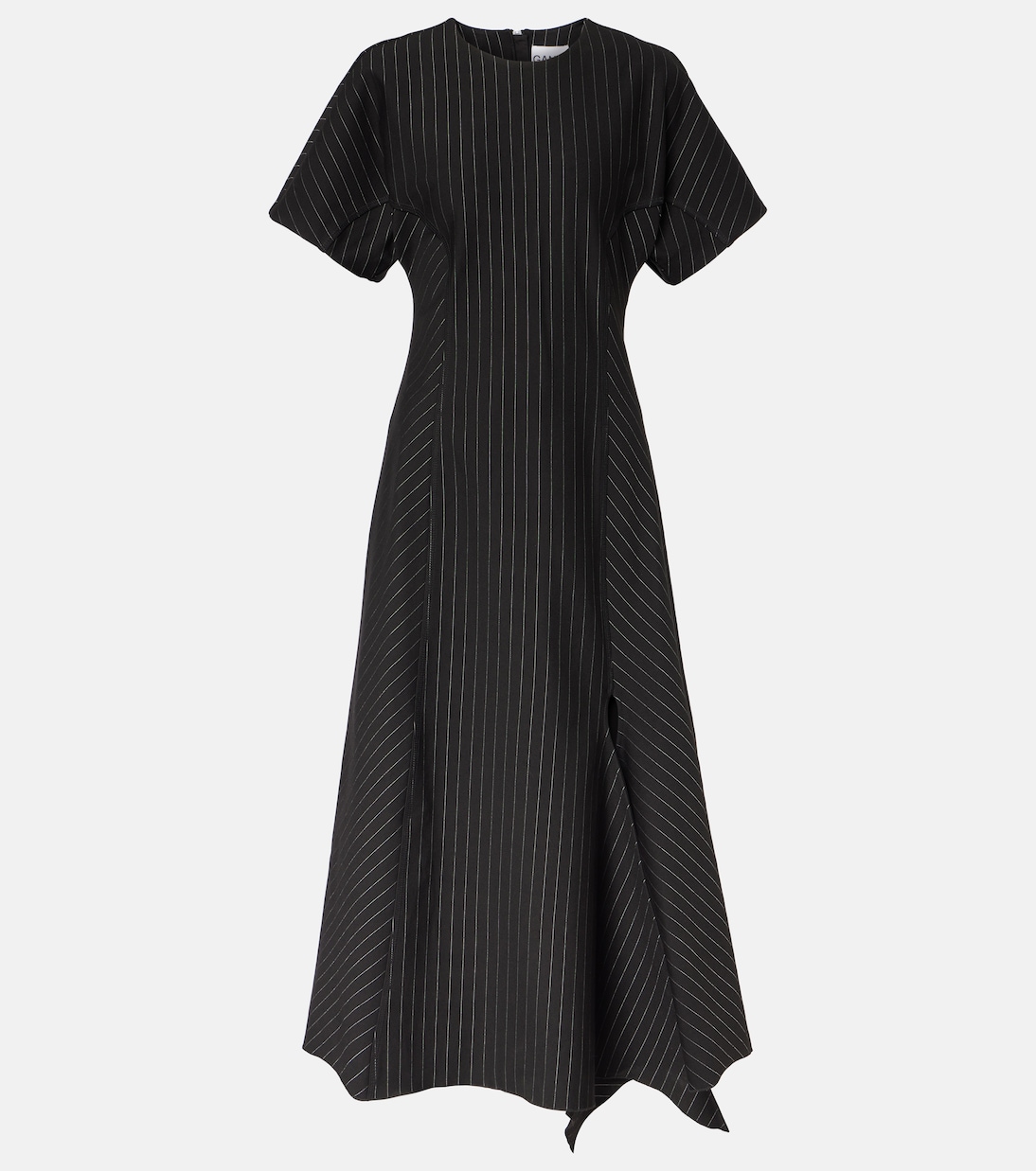 Pinstripe asymmetric midi dress | Ganni