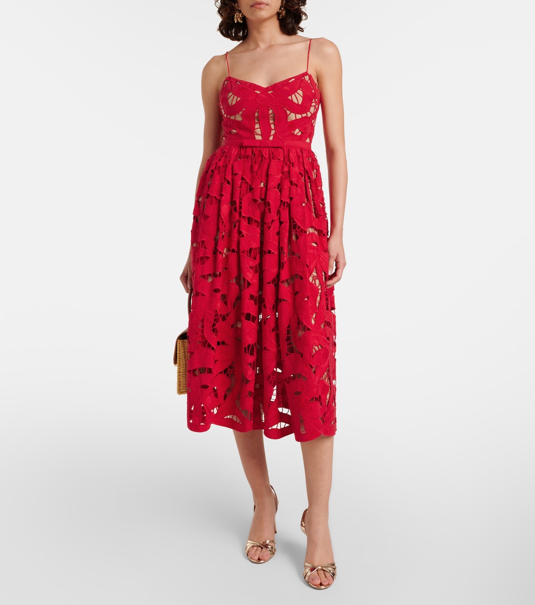 Bow lace linen and cotton midi dress | Self-Portrait