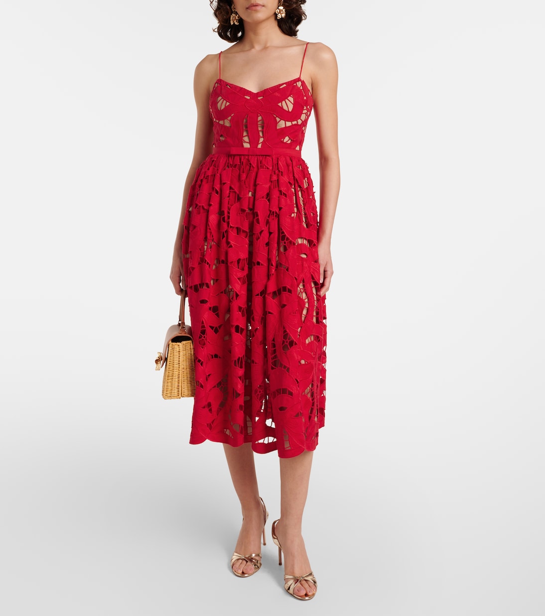 Bow lace linen and cotton midi dress | Self-Portrait