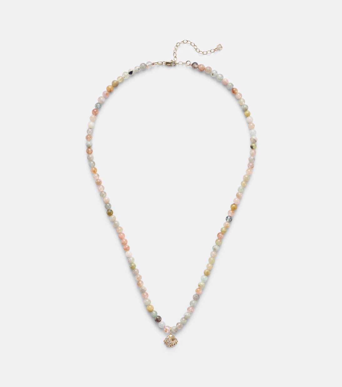 Collana in oro giallo 14kt con dettagli in diamanti e morganite, design elegante a conchiglia, perfetta per un look giovane e raffinato.