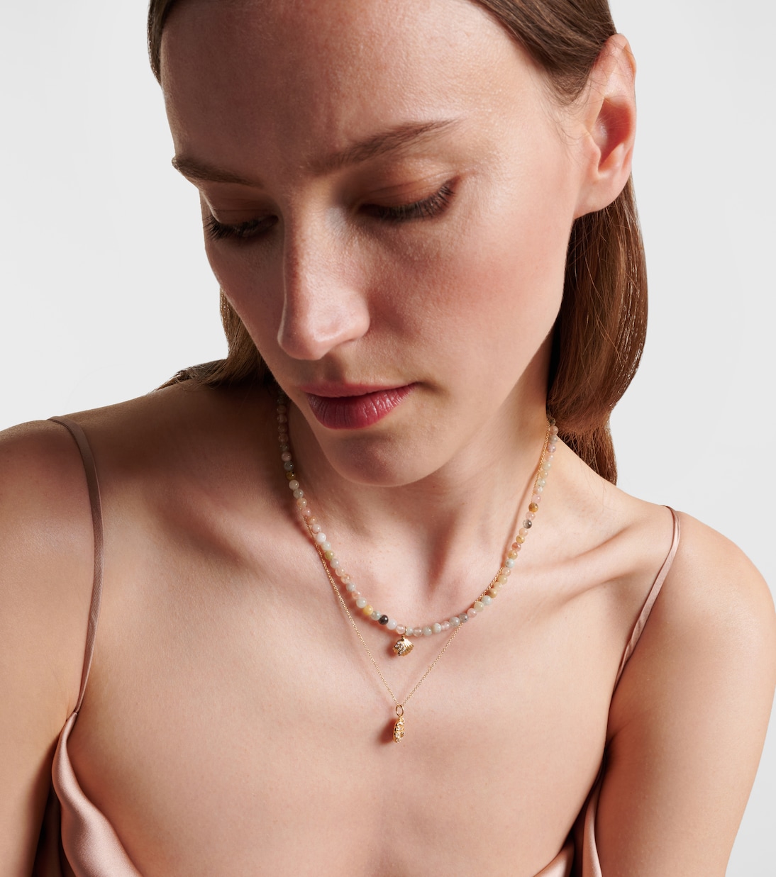 Collier Clam Shell Small en or 14 ct, diamants et morganite | Sydney Evan