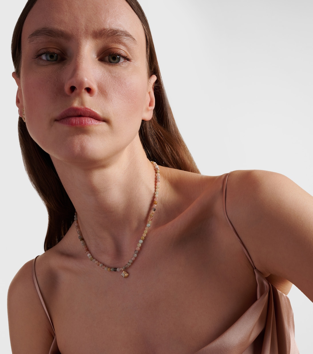Collier Clam Shell Small en or 14 ct, diamants et morganite | Sydney Evan