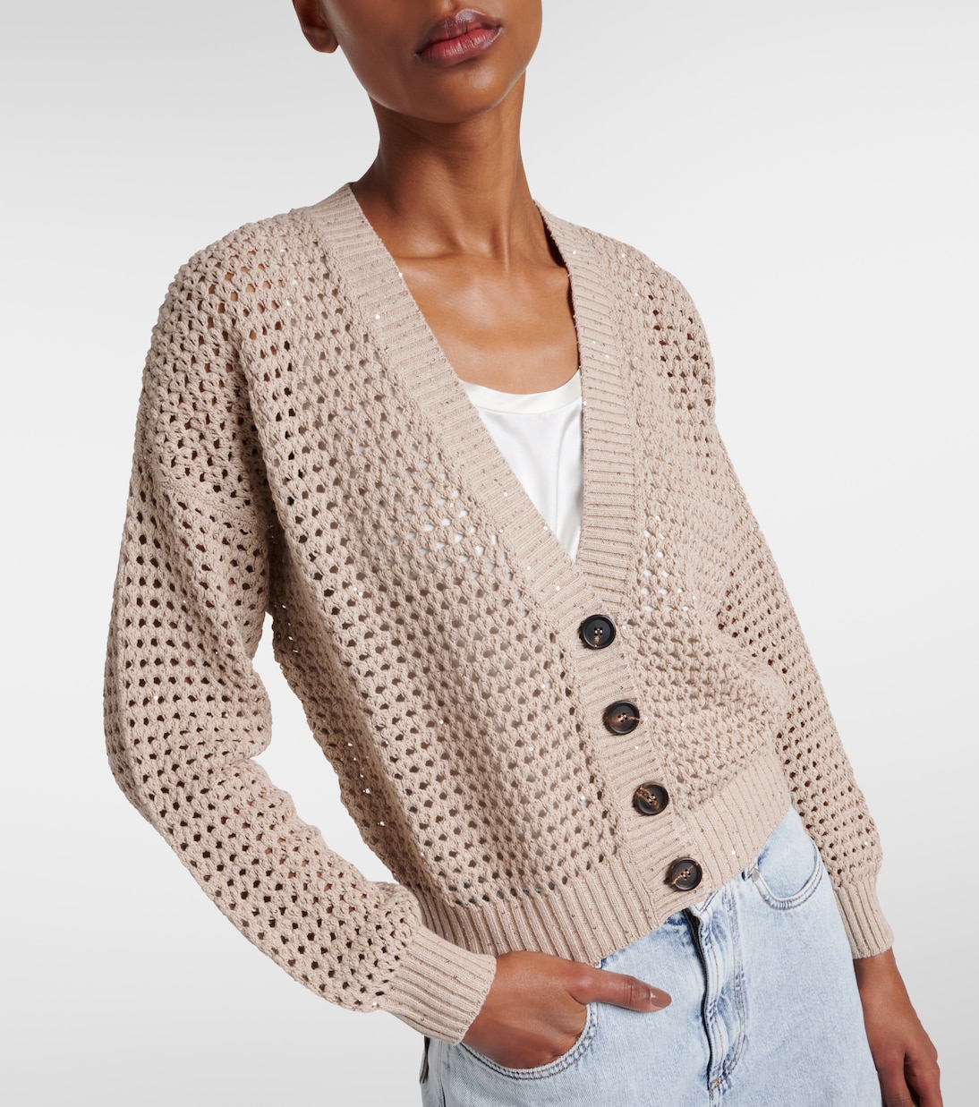 Sequined open-knit cotton-blend cardigan | Brunello Cucinelli