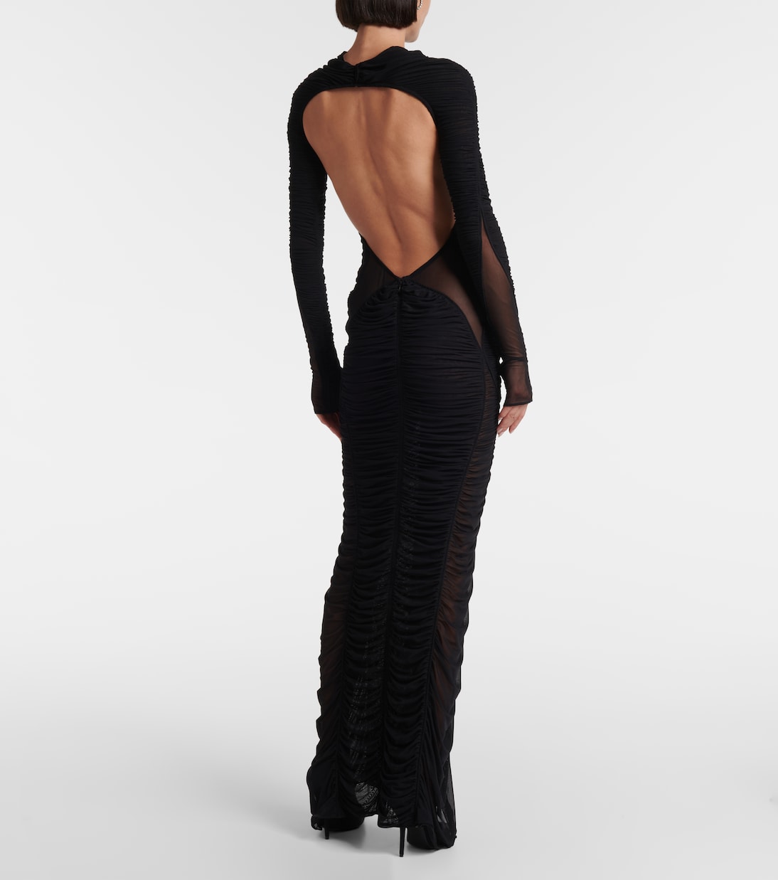 Ruched open-back mesh gown | Mugler