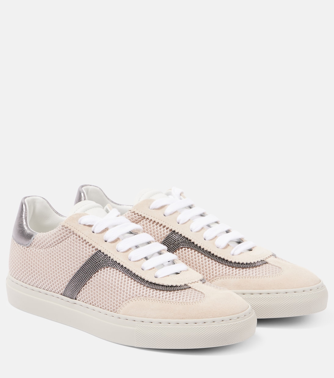 Sneakers in pelle e mesh con monili | Brunello Cucinelli