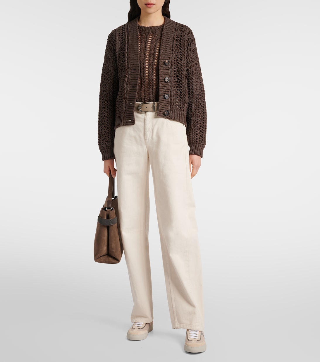 Sneakers in pelle e mesh con monili | Brunello Cucinelli