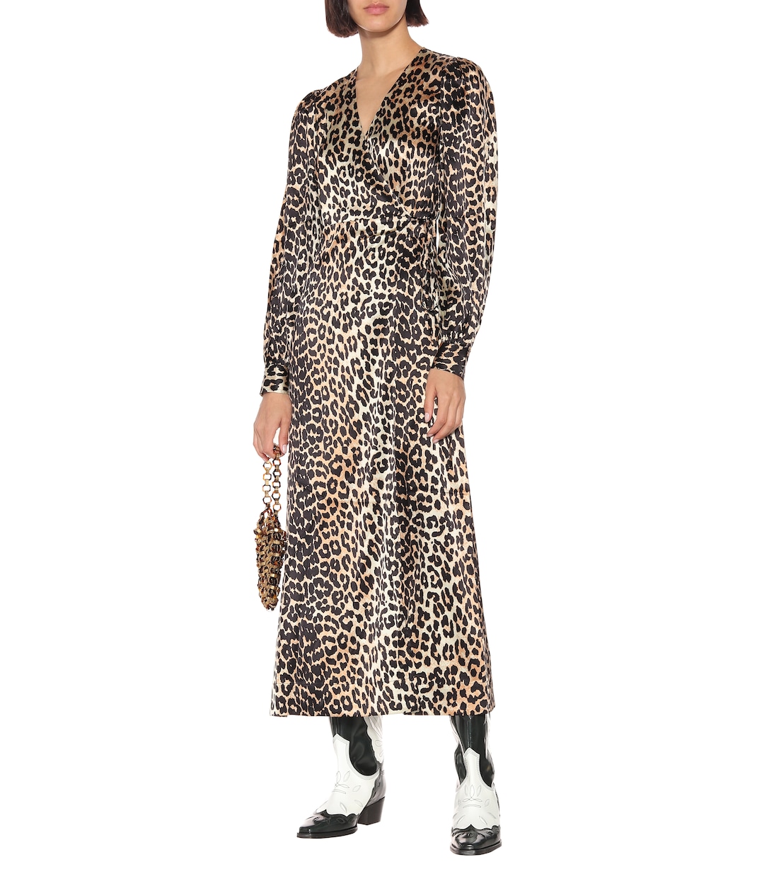 Abito lungo a stampa leopardo in seta | Ganni