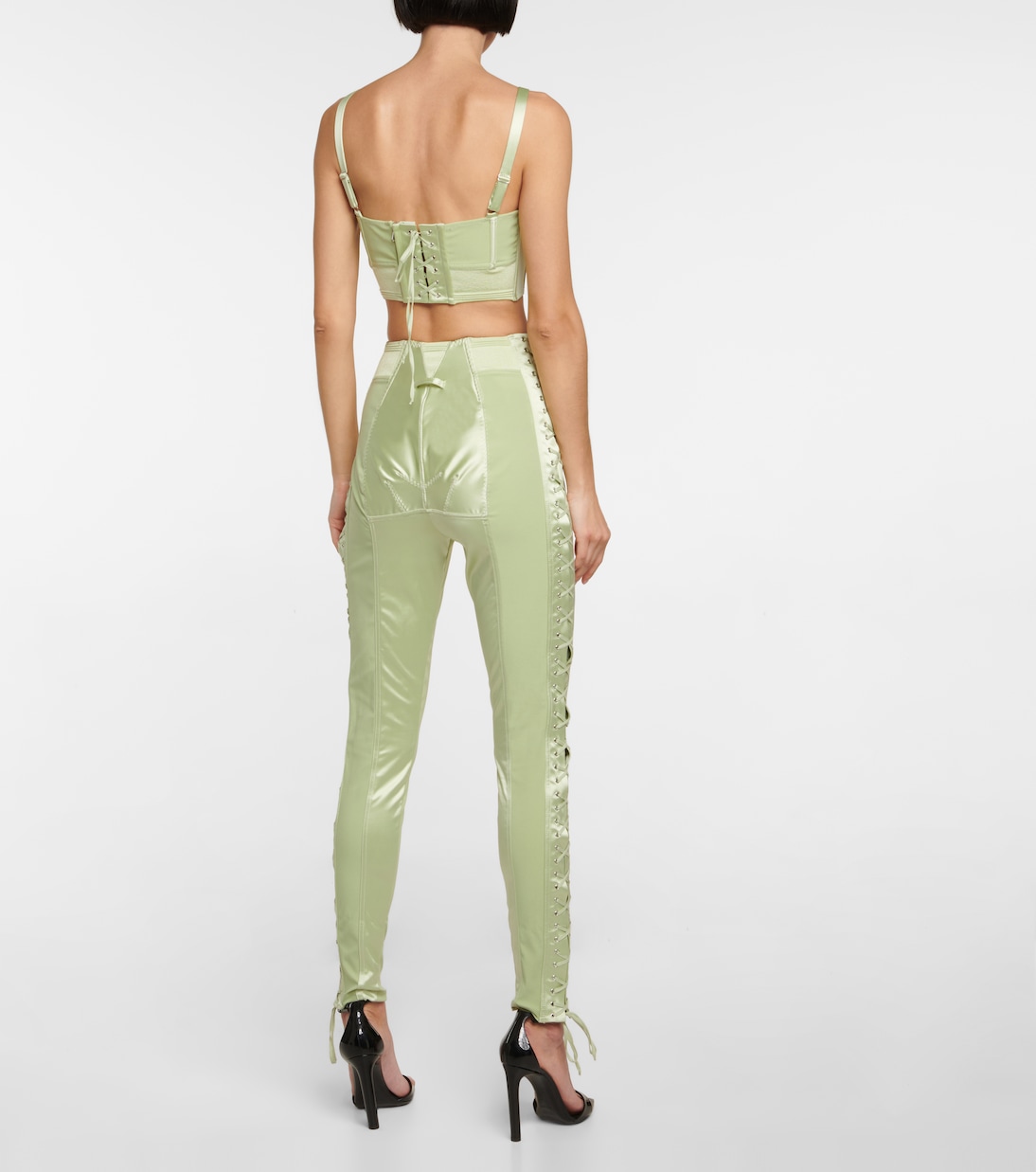 x Lotta Volkova Lace-up satin and mesh leggings | Jean Paul Gaultier