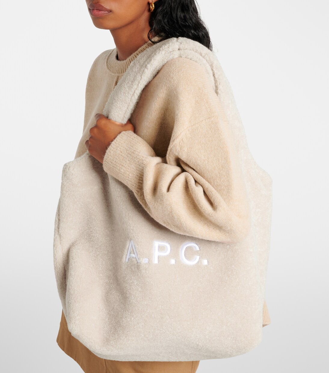 Ninon logo faux shearling tote bag in beige A P C Mytheresa