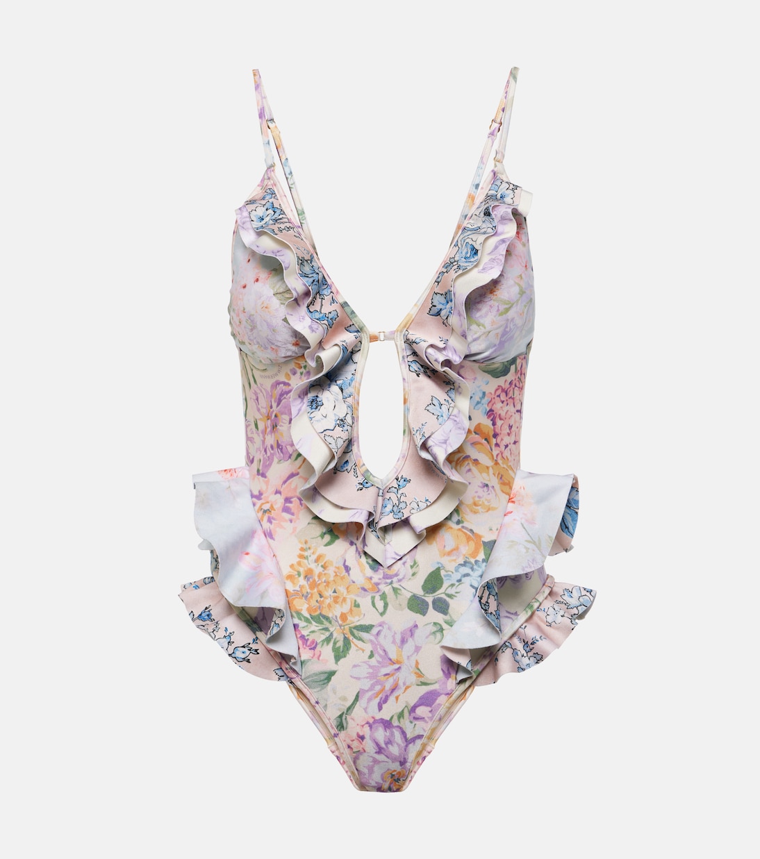 Halliday Waterfall Frill ruffled floral swimsuit | Zimmermann
