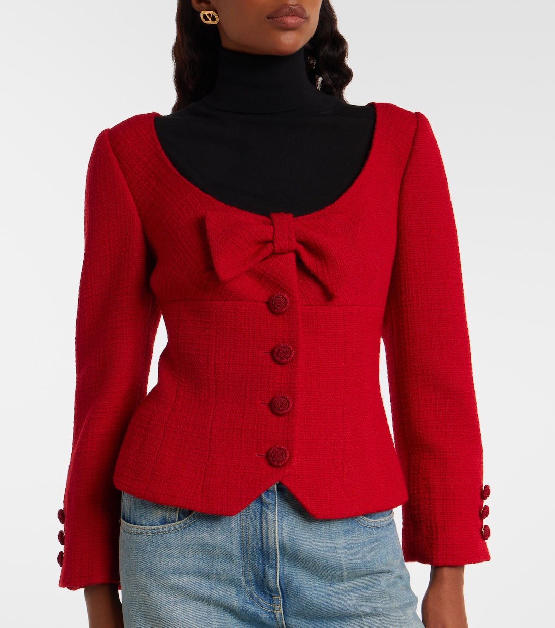 Bow-detail cropped wool-blend tweed jacket | Valentino