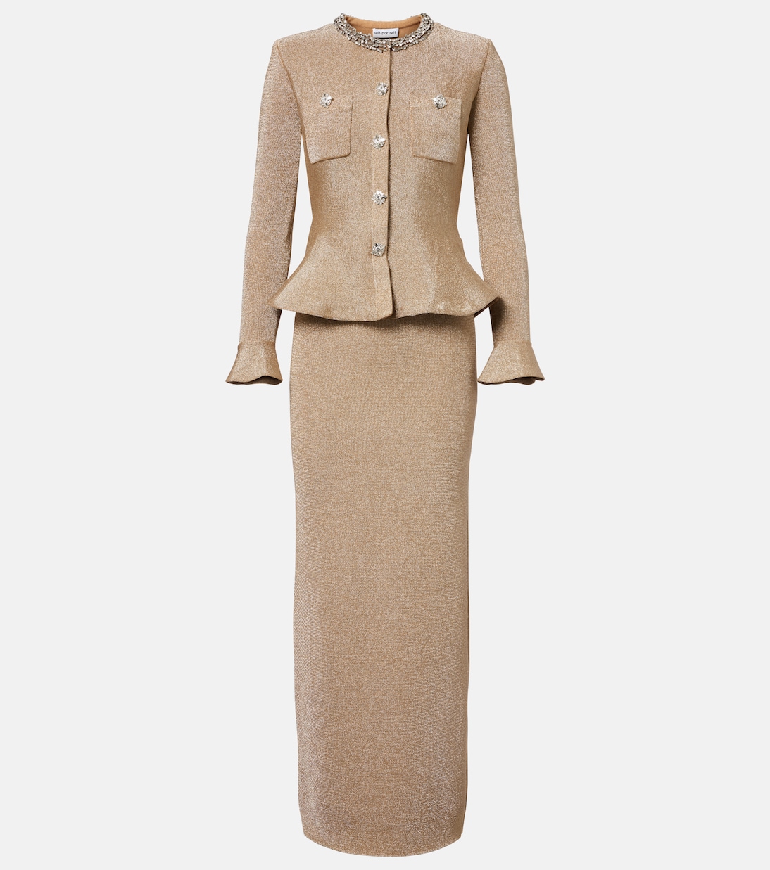 Crystal-embellished peplum lamé maxi dress | Self-Portrait