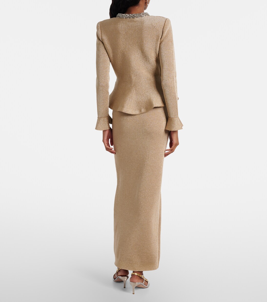 Crystal-embellished peplum lamé maxi dress | Self-Portrait